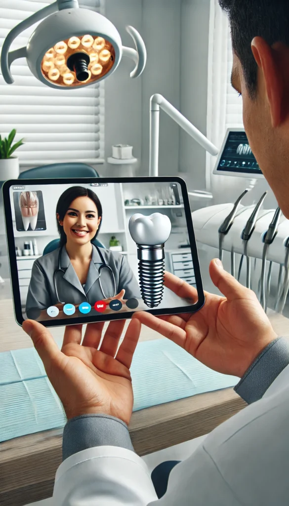 Online konzultácia zubných implantátov. Zubár v modernej klinike hovorí s pacientom cez videohovor na počítači alebo tablete. Zubár ukazuje model zubného implantátu, vrátane kovového kolíka, abutmentu a korunky, pacientovi na obrazovke. Pacient je na obrazovke viditeľný a vyzerá zaujatý a zaujímajúci sa. Pozadie je čisté a profesionálne, s zubným vybavením a upokojujúcou atmosférou