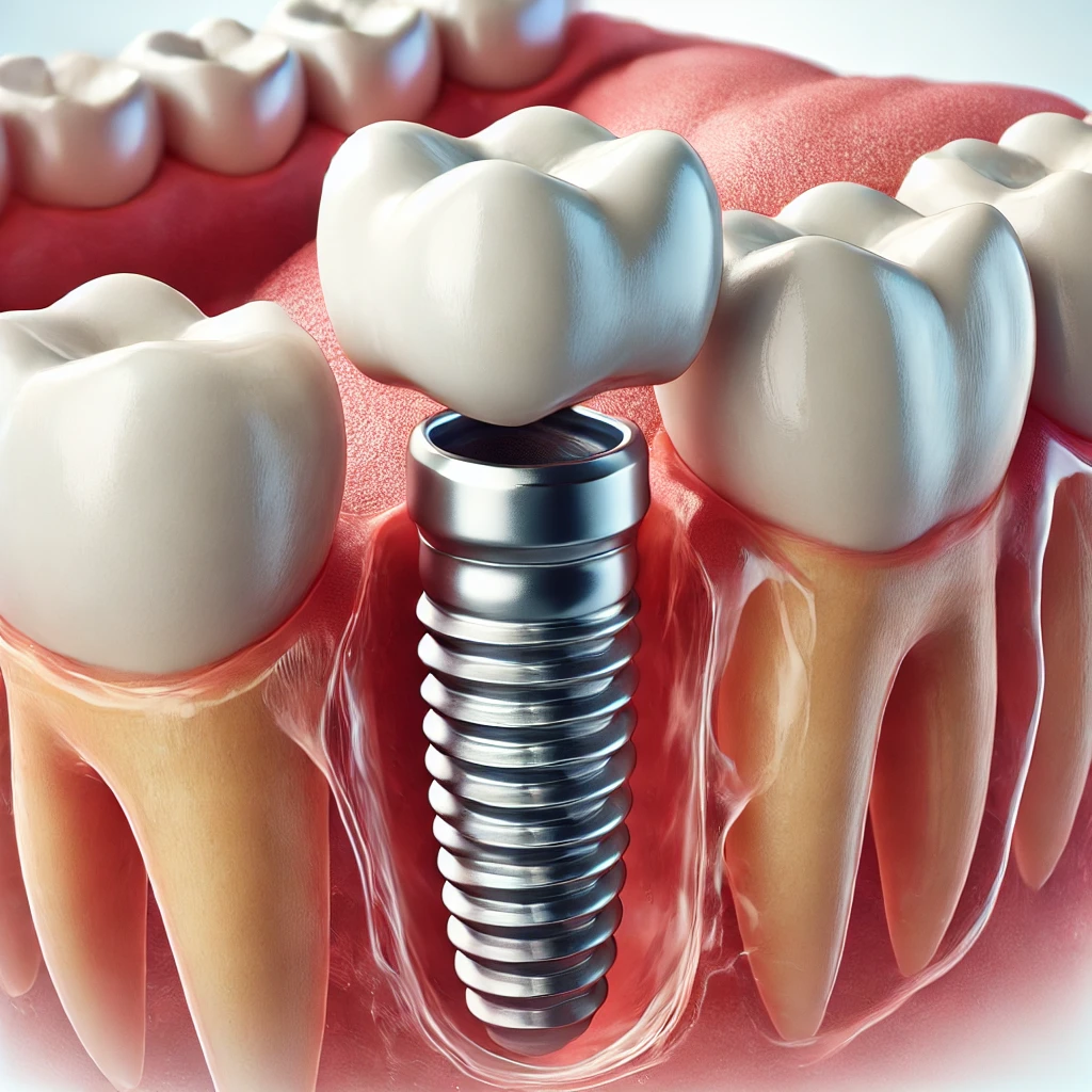 Zubný implantát nasadený do čeľustnej kosti bez korunky, obklopený prirodzenými zubami.